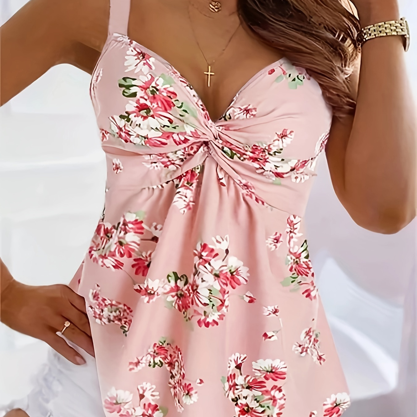 

Plus Size Floral Print Twist Cami Top, Vacation Style Backless Sleeveless Top For Summer, Women's Plus Size Clothing