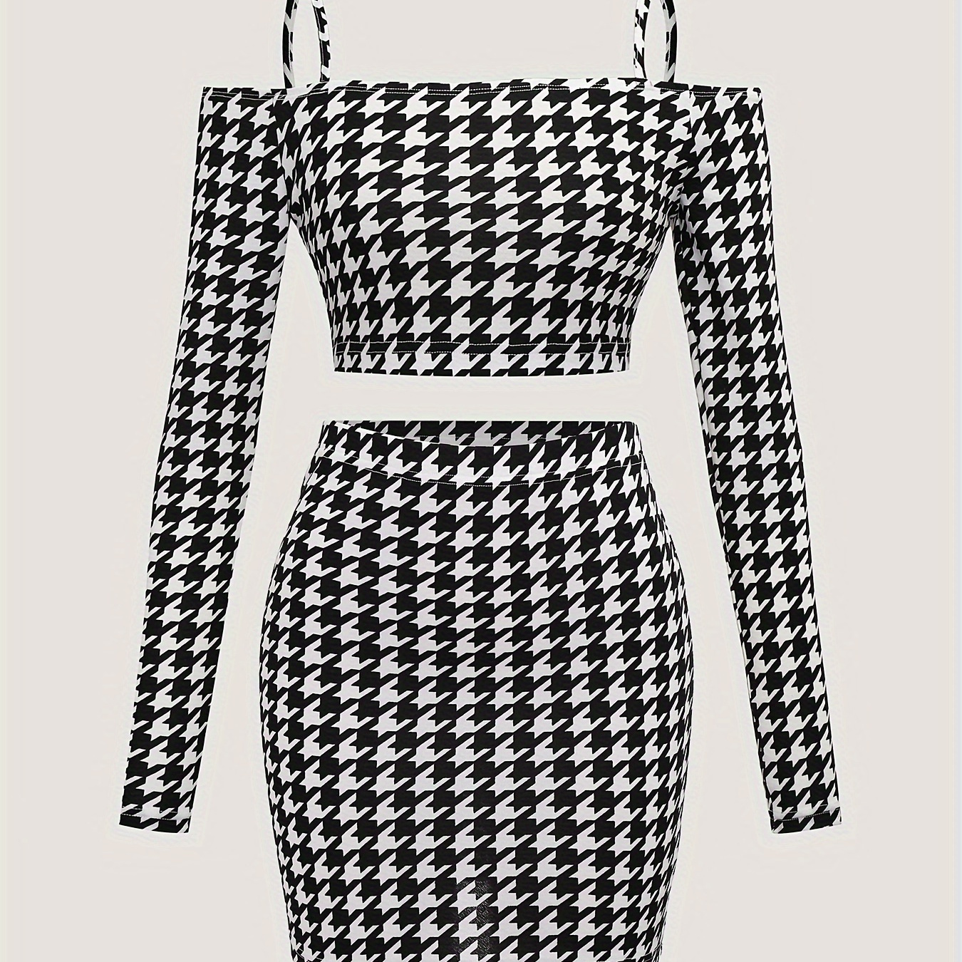 

Houndstooth Print Elegant Skirt Set, Cold Shoulder Long Sleeve Crop Top & High Waist Bodycon Skirt Outfits, Women's Clothing