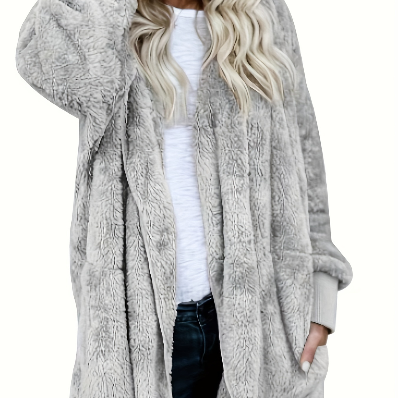 

Hooded Teddy Coat, Casual Open Front Long Sleeve Winter Warm Outerwear, Women's Clothing