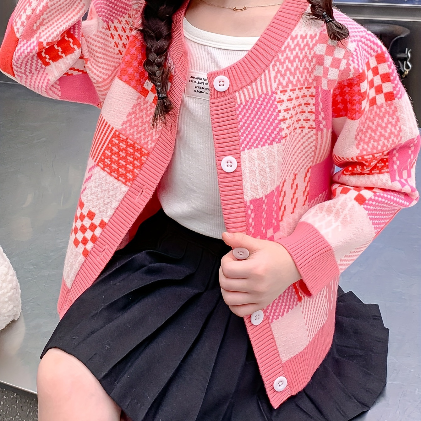 

Sweet Contrast Knit Cardigan For Girls, Button Crew Neck Knitwear Jacket, Girl's Clothing For Fall Winter