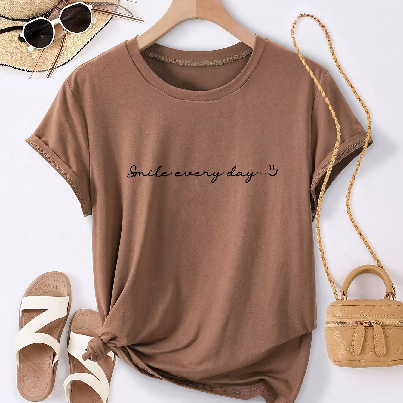 

Women's Casual Crew Neck T-shirt With "" Quote, Polyester And Elastane , Summer Knit Fabric Top With Alphabet Pattern - Regular Length