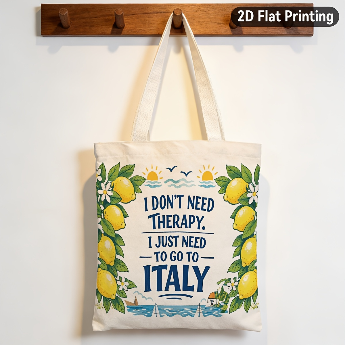 TEMU 2d Flat 1pc Vibrant Lemon Italy Quote Durable Tote Bag, Tropical Vibe, Duplex Prints Bright Lemons Green Leaves , Ideal For Grocery Shopping,