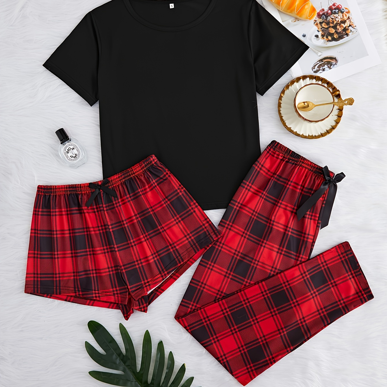 

Women's Casual Solid Pajama Set, Short Sleeve Round Neck Top & Plaid Shorts & Pants, Comfortable Relaxed Fit