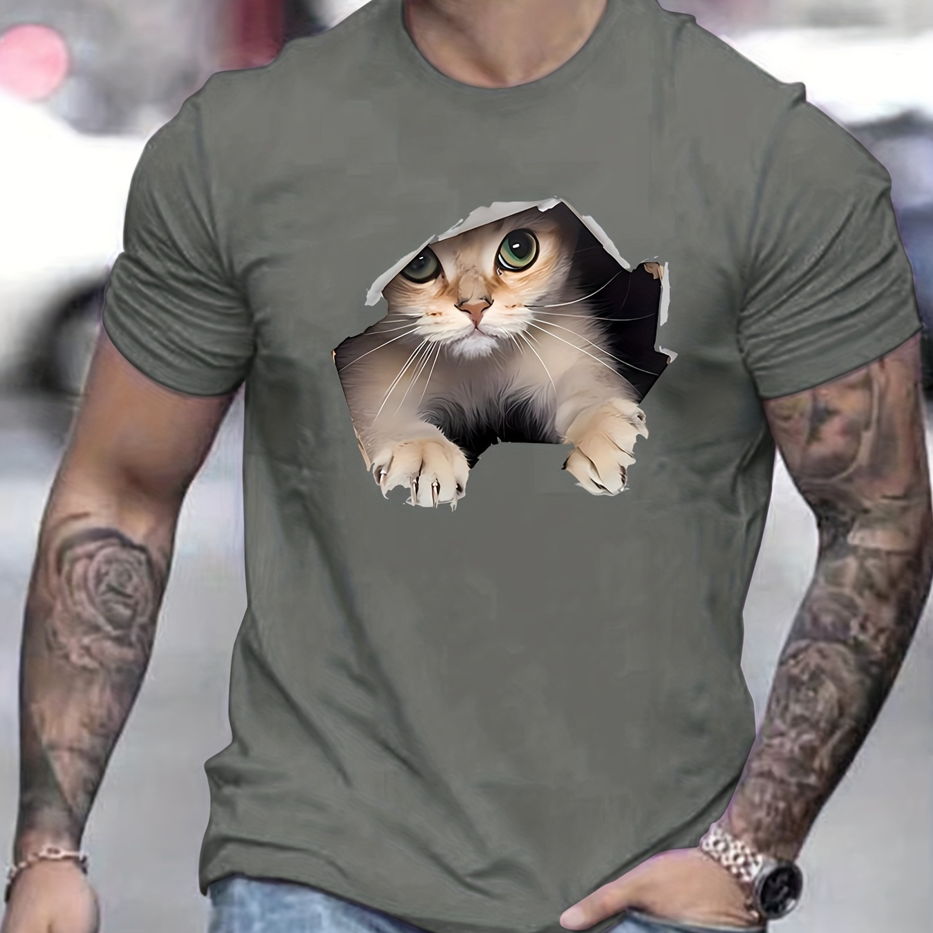 

Cute Cat Graphic Print Men's Creative Top, Casual Slightly Stretch Short Sleeve Crew Neck T-shirt, Men's Tee For Summer Outdoor
