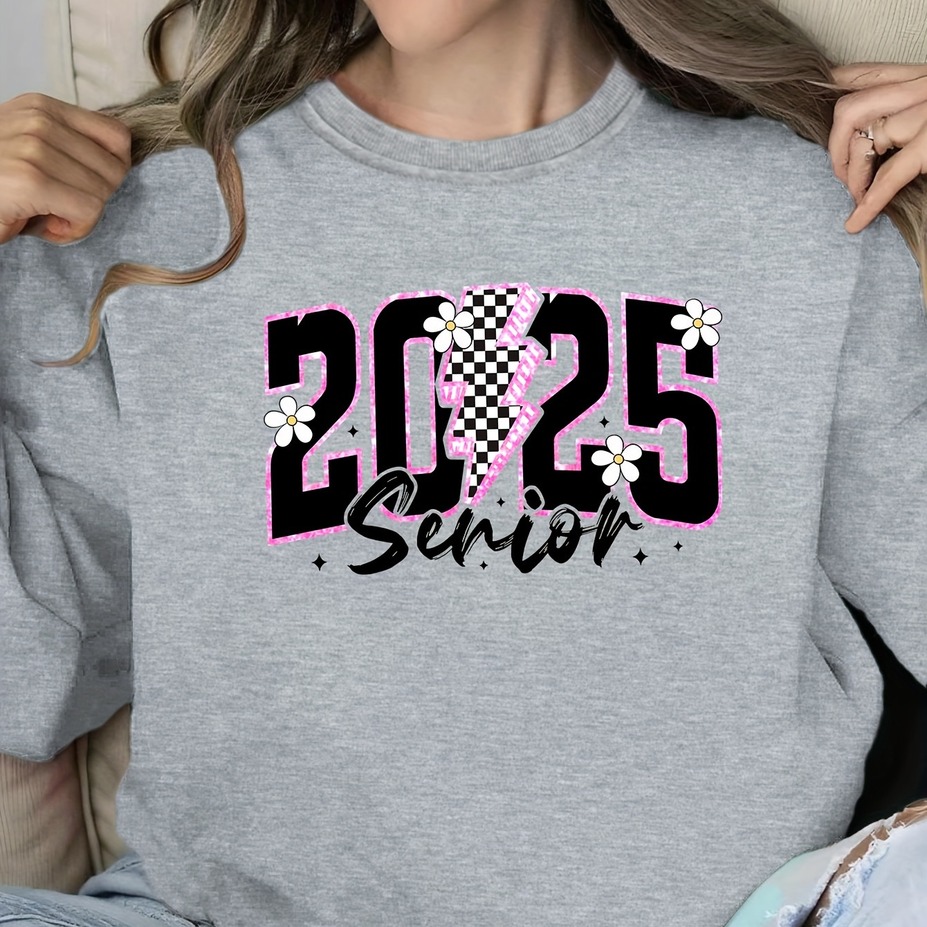 

2025 Graphic Crew Neck Sweatshirt - Casual Long Sleeve Pullover For Women, Polyester , Machine Washable - Fall/winter