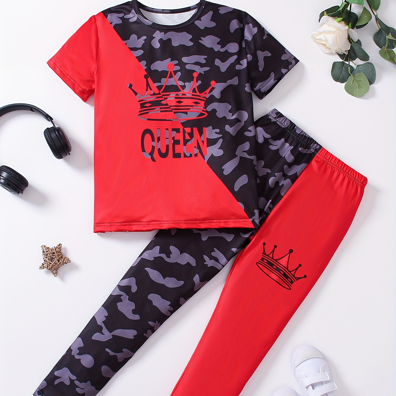 

Girl's 2-piece Queen & Crown Color Block T-shirt + Pants Co-ords Set - Sweet Fashion Girls Spring/ Summer Outfit