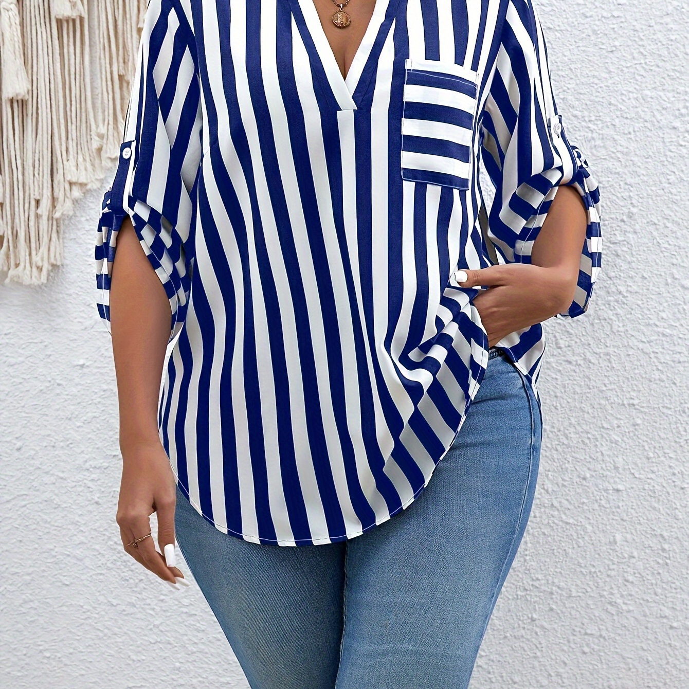 

Plus Size Striped Print Notched Blouse, Casual Roll Tab Sleeve Top For Spring, Women's Plus Size Clothing