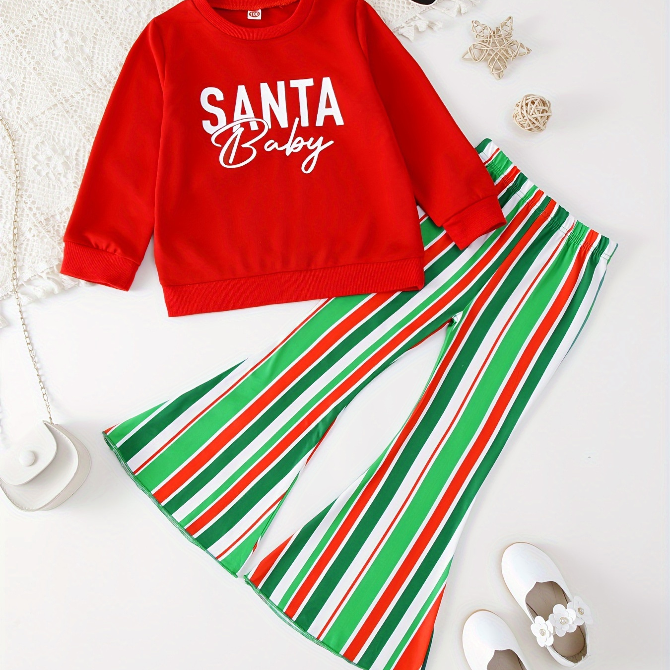 

2pc Girls Santa Baby Print Pullover + Stripped Flare Pants Set Kids Clothes For Spring Fall Christmas Gift
