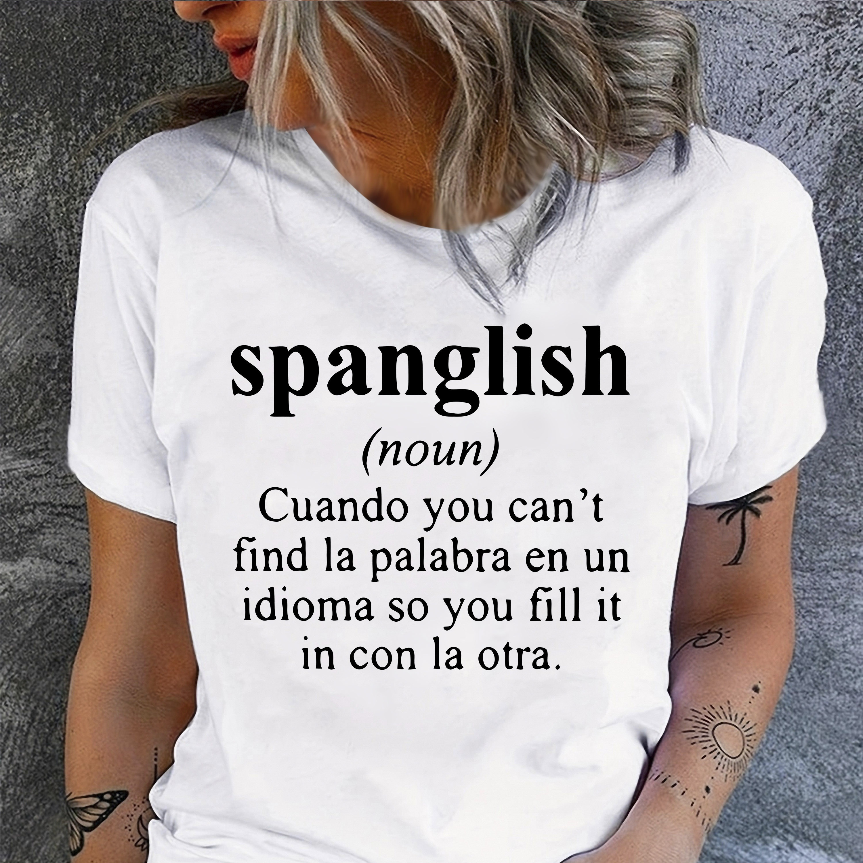 

Women's Casual Spanish Letter Print T-shirt - Crew Neck, Short Sleeve, Breathable Polyester , Machine Washable