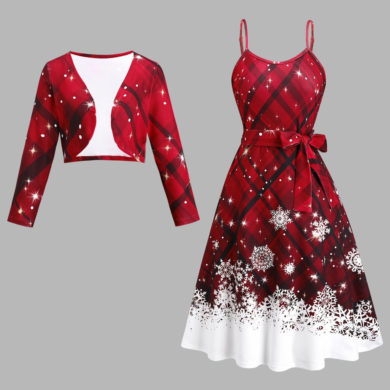 

Women's Christmas Printed Long Sleeve Cardigan Camisole Dress Women's Casual Maxi Dress Two-piece Set