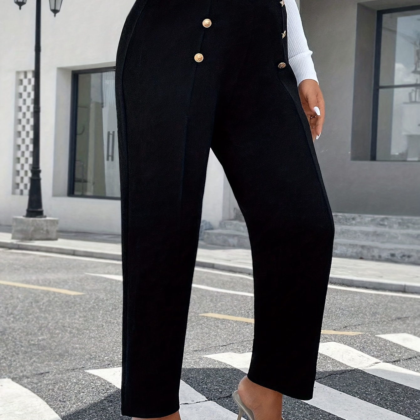 

Pantalon Décontracté Grande Taille à Taille Haute avec Boutons - Noir Élégant, Design à Jambe Droite, Mélange de Polyester et Spandex, Lavable en Machine - pour Toutes les , Pantalon Grande Taille