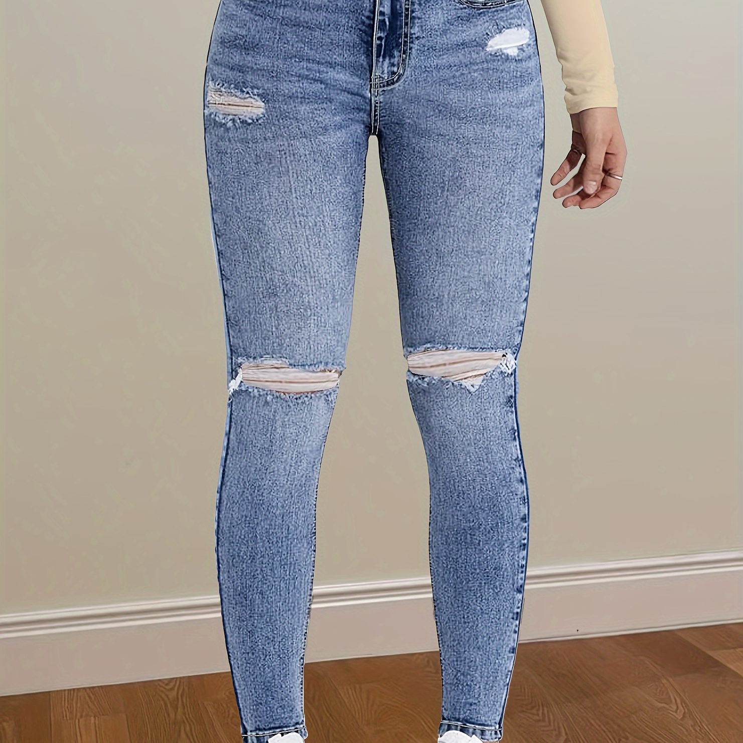 

Elegant Long Denim Jeans For Women - High Elastic Solid Color Tight Pants With Button Detail, Woven All-season Comfort, Fashionable Distressed Knee Rips