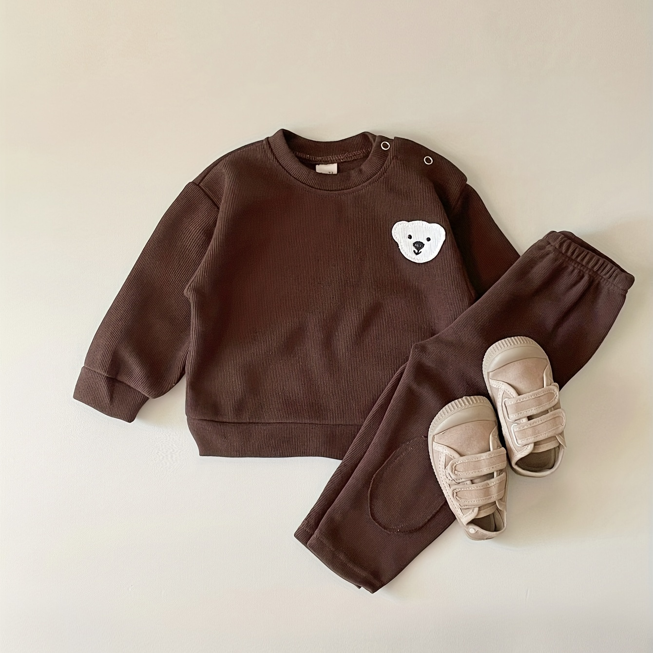 

Baby Boys And Girls Bear Animal Patch Embroidered Cute Outfits, 2pcs Long-sleeved Top Trousers Thin Casual Versatile Fall Set