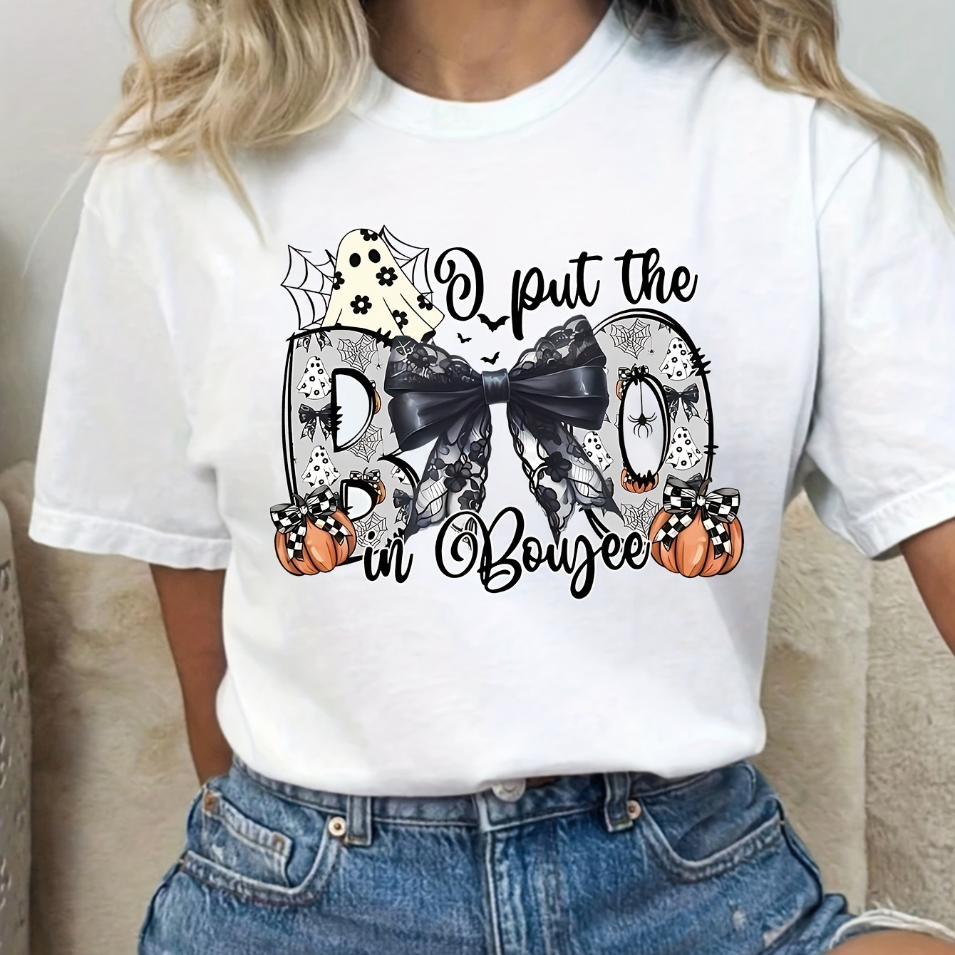 

Women's Plus Size Casual T-shirt With Unique Bow & Pumpkin Print - Short Sleeve, Round Neck, Semi-sheer Polyester Top For Summer