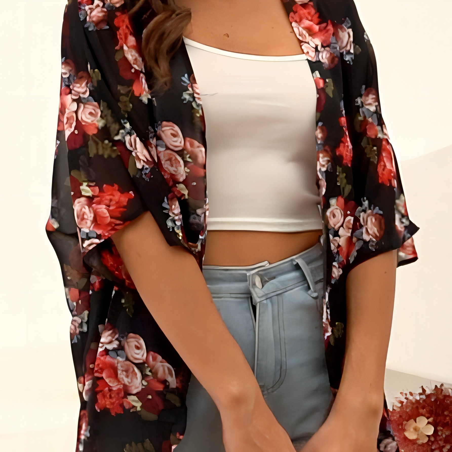 Floral Print Cover Up Cardigan, V Neck Loose Fit Half Sleeves Casual Beach Kimono, Women's Swimwear & Clothing