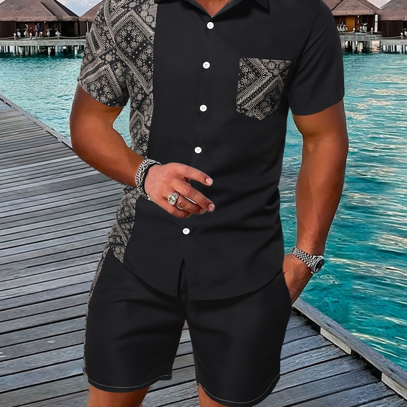 

Men's Outfit, Geometric Pattern Casual Lapel Button Up Short Sleeve Shirt With Chest Pocket & Shorts 2-piece Set For Summer Outdoor Activities