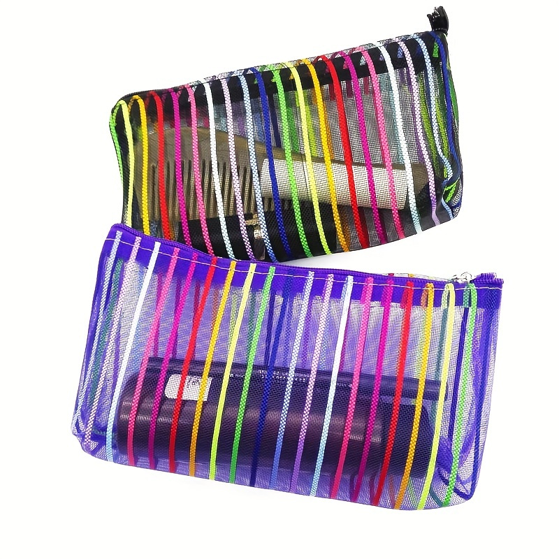 

Mesh Makeup Bag Colorful Striped Mesh Cosmetic Storage Bag Travel Cosmetics Bag For Office Supplies Toiletry Pouch Organizer Bag With Zipper (random Color)