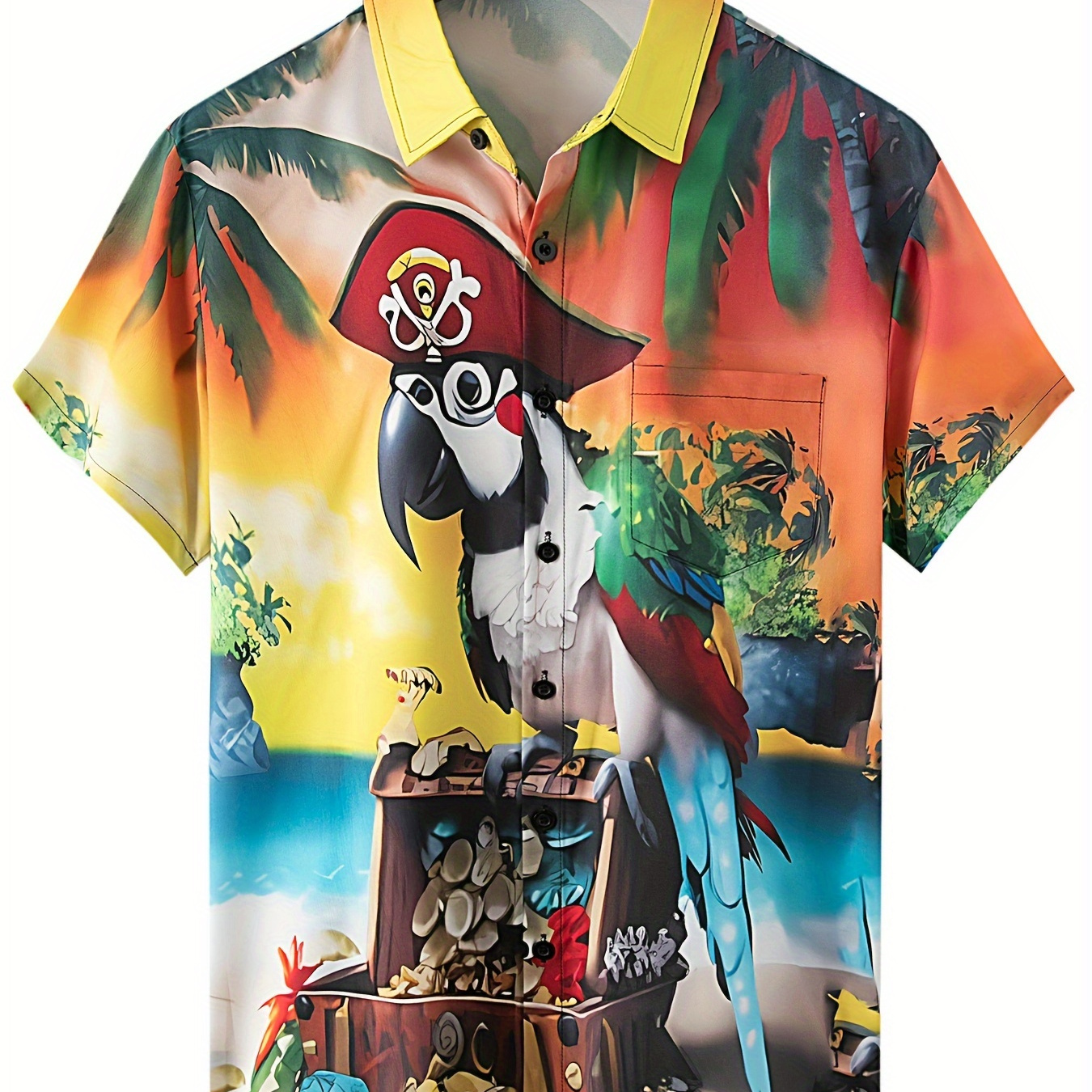 

Beach Style Pirate Parrot 3d Graphic Print Men's Creative Short Sleeve Lapel Shirt, Summer Vacation Top