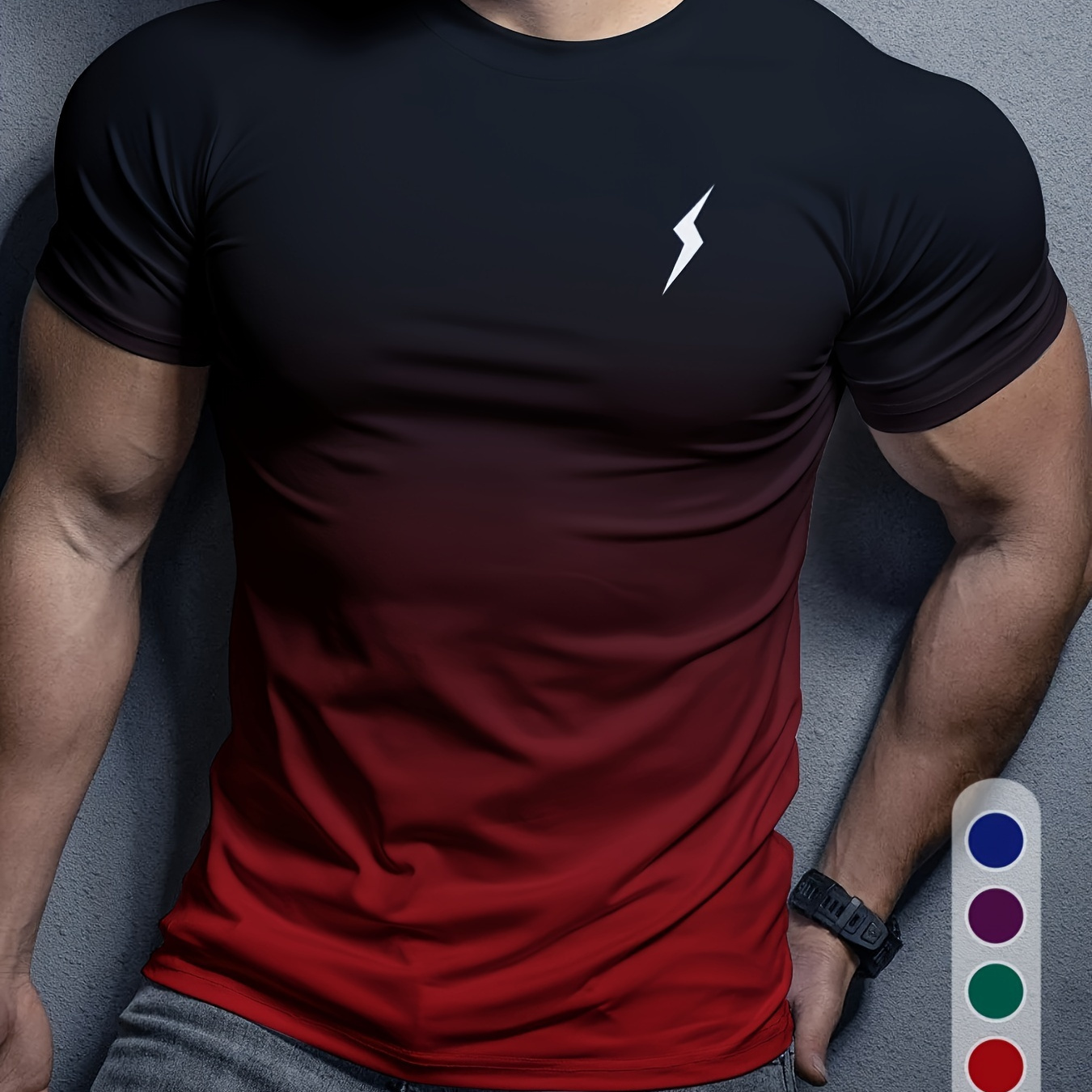 

Men's Ombre Lightning 3d Print T-shirt, 95% Polyester 5% Spandex, High Stretch Crew Neck, Short Sleeve, Tear Resistant, Knit Fabric, Summer Sports Top For Running, Yoga, Hiking - Multiple Colors