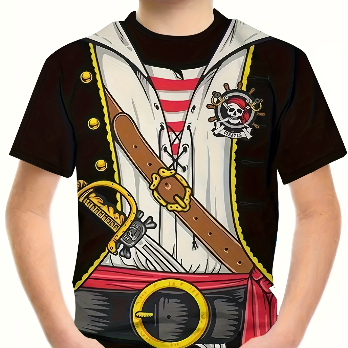 

Boys Pirate 3d Print Tee, Short Sleeve Crew Neck Top, Kids Novelty Clothes For Summer