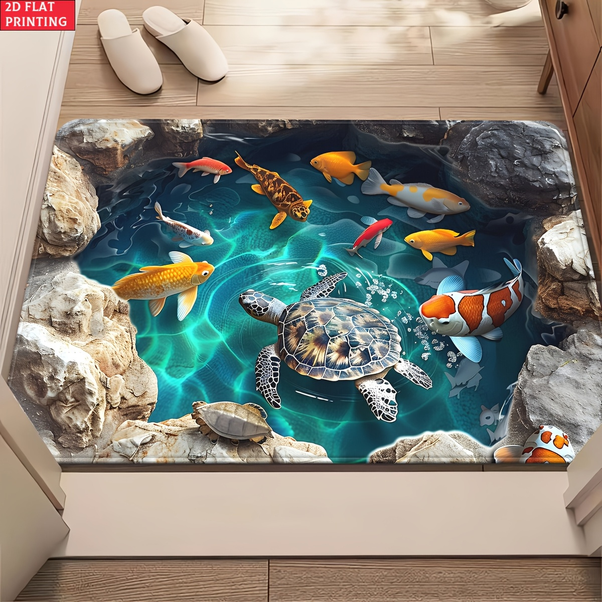 E-shop [2D Flach] 1 Stück -Schildkröten Fische im Teich Türmatte, Rutschfeste Badezimmer-Bodenmatte, Mikrofaser Saugfähige Maschinenwaschbare