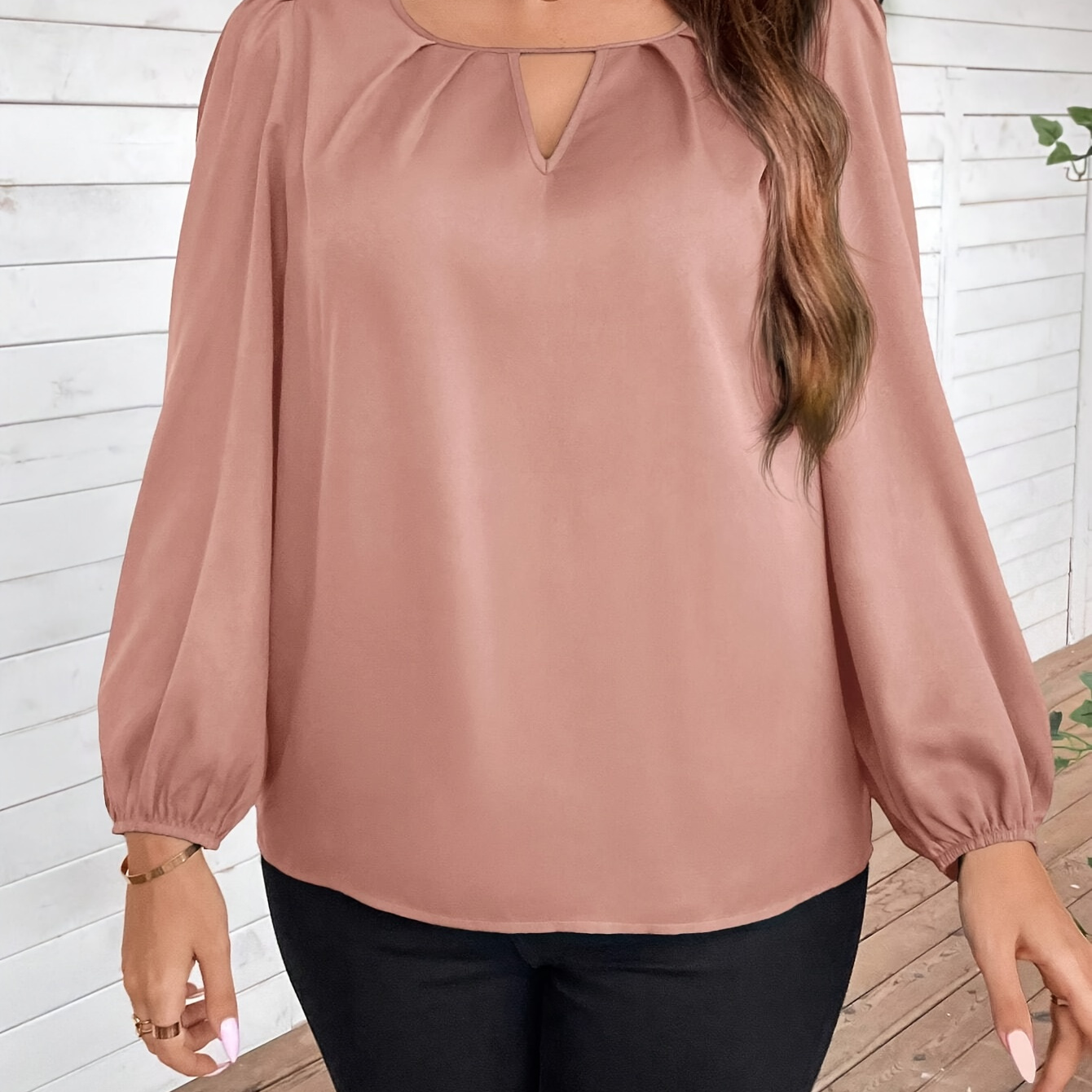 

Elegant V-neck Blouse With Lantern Sleeves And Keyhole Detail - Polyester, Machine Washable, Non-stretch Fabric For All - Chic Women's Top