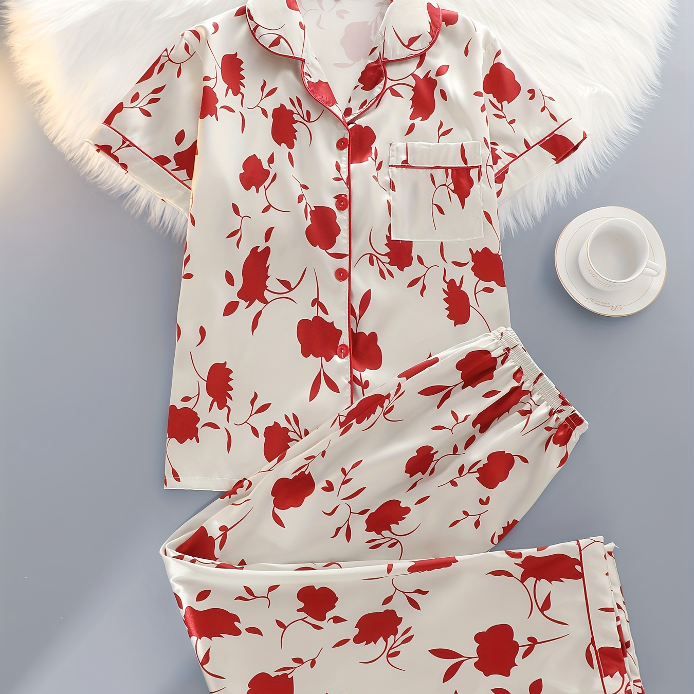 

Women's Floral Print Satin Pajama Set, Casual Lapel Collar Button Detail, Polyester 100%, 120gsm Woven Fabric, Spring/summer/fall Sleepwear