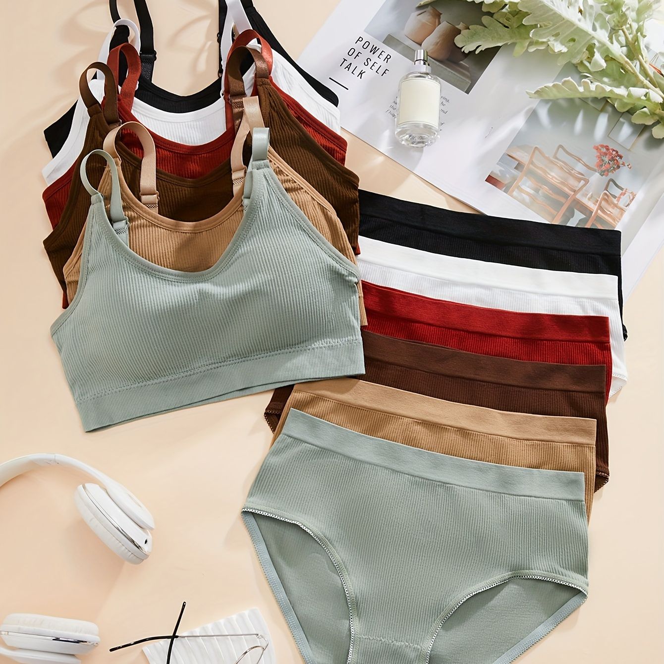 

6sets Solid Ribbed Bra & Panty, Sporty Bra & Panties Lingerie Set, Women's Lingerie & Underwear
