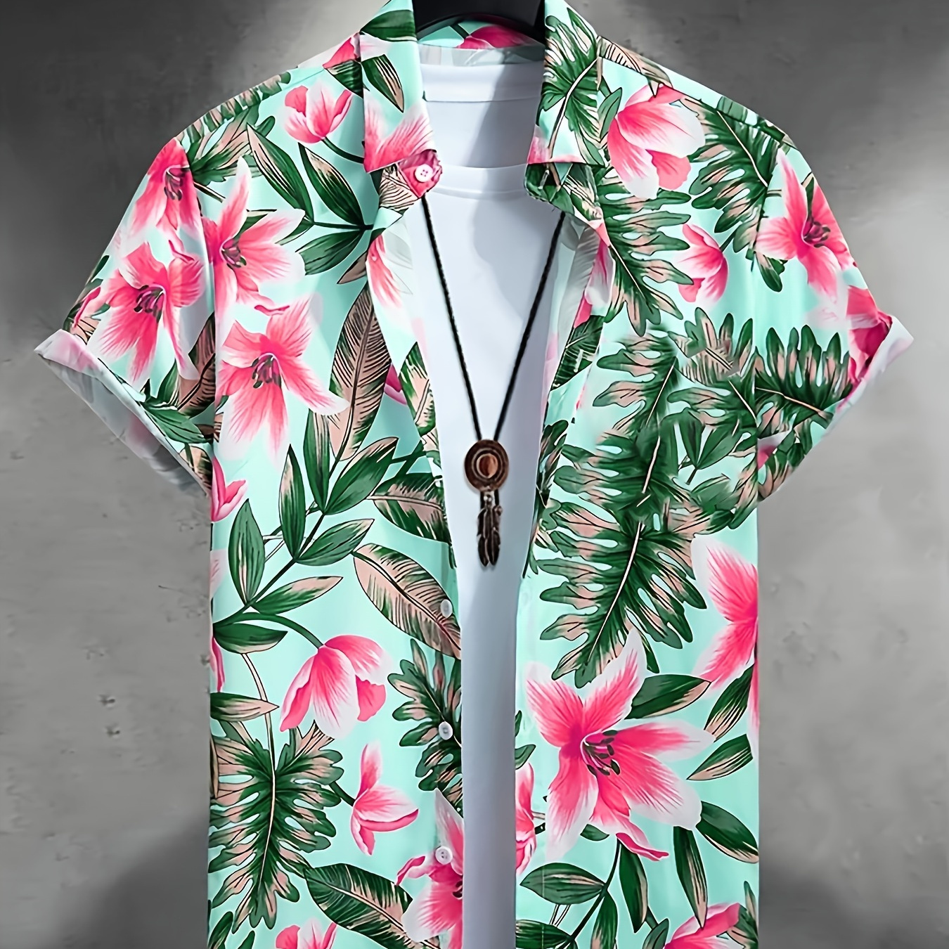 

Men's Tropical Floral Pattern Print Lapel Shirt With Short Sleeve And Button Down Placket, Chill And Trendy Tops For Summer Leisurewear And Beach Vacation
