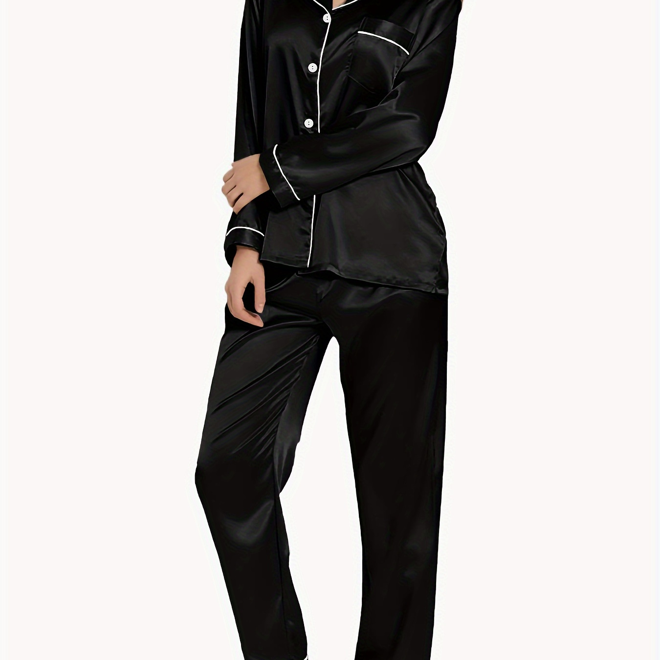 

Women's Solid Satin Casual Pajama Set, Long Sleeve Buttons Lapel Top & Pants, Comfortable Relaxed Fit For Fall