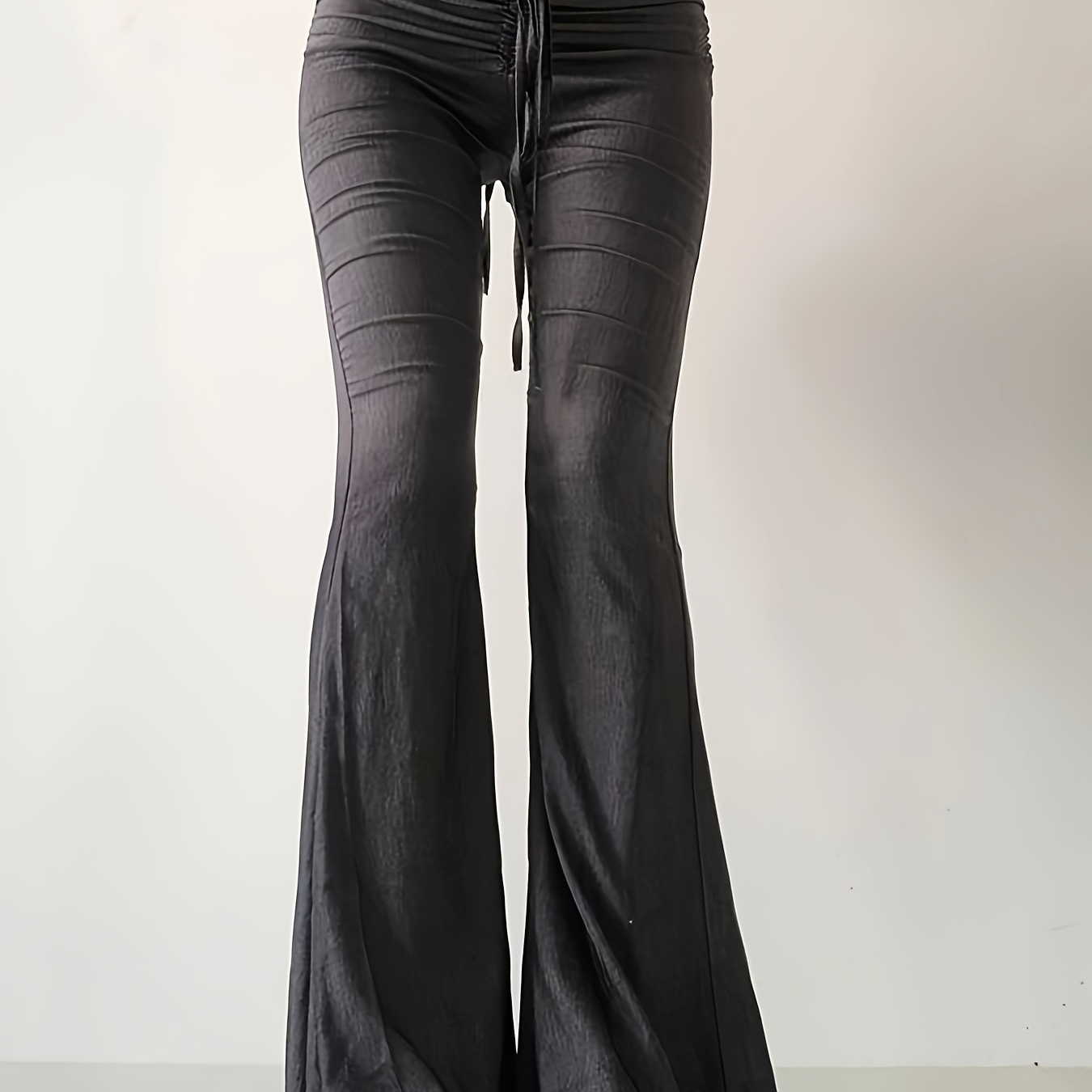 

Solid Color Flare Leg Pants, Y2k Fake Drawstring Ruched Slim Pants For Spring & Summer, Women's Clothing