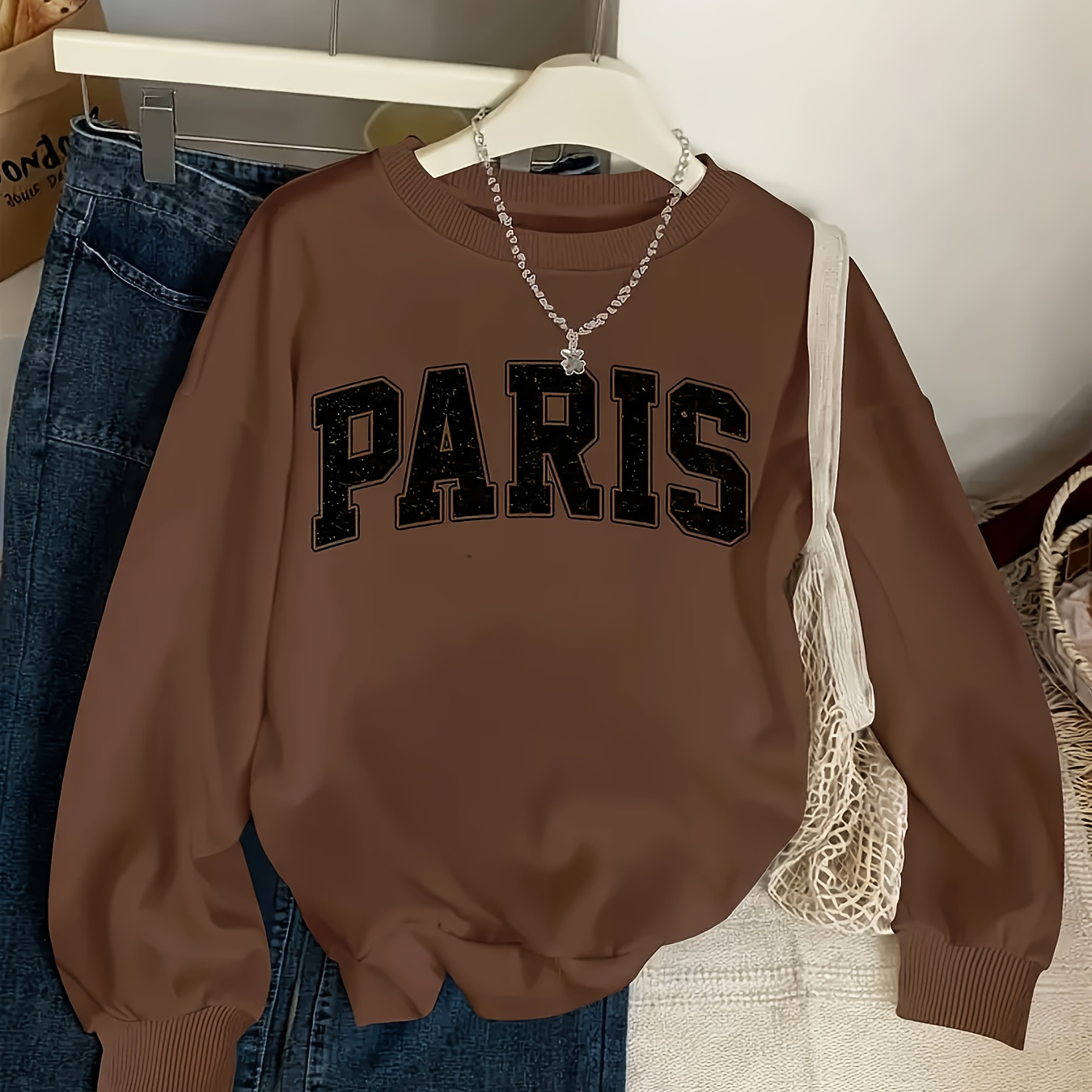 

Paris Letter Neck Sweatshirt, Polyester , Sports Style, Knit Fabric, Solid Color, Top For Adults