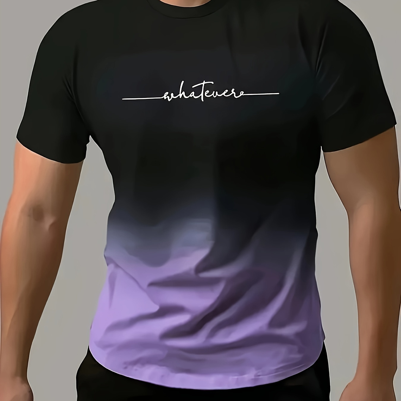 

T-shirt à col rond et manches courtes pour homme, imprimé dégradé de couleurs et lettres "WHATEVER", haut décontracté et confortable pour les sorties estivales en plein air.