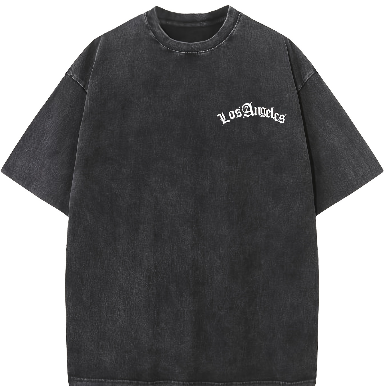 

Men' Cotton Distressed "los Angeles" Print T-shirt - Vintage Washed Black, Comfortable Crew Neck, Short Sleeve For Casual Summer Wear, Cotton T Shirts