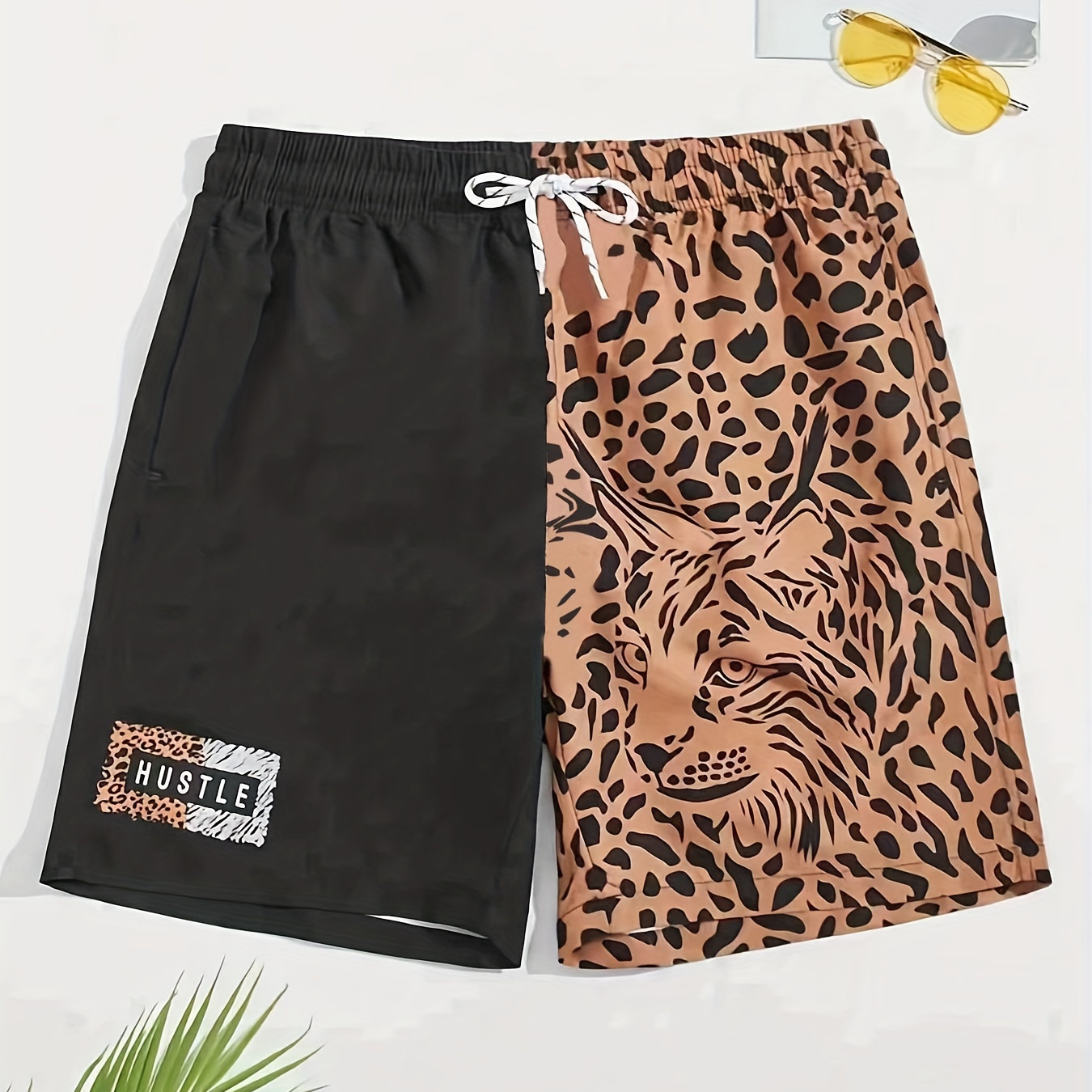 Plus Size Men's Streetwear Shorts, "Leopard Element" Drawstring Stretchy Short Pants For Comfort & Casual Chic Style, Summer Clothings Men's Fashion Outfits