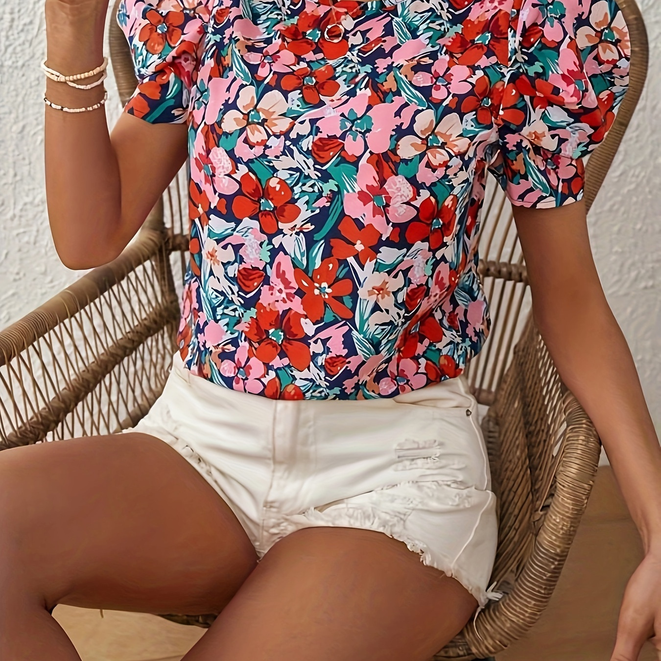 

Floral Print Puff Sleeve Blouse, Vacation Crew Neck Keyhole Back Blouse, Women's Clothing