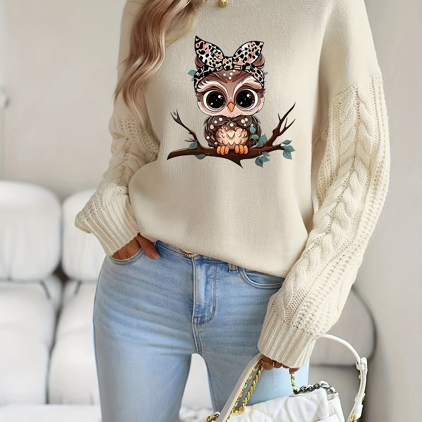 

Chic Crew Neck Animal Print Pullover Sweater - Women's Knit Jumper For Fall/winter, Casual Twist Cable Knit Long Sleeve Top