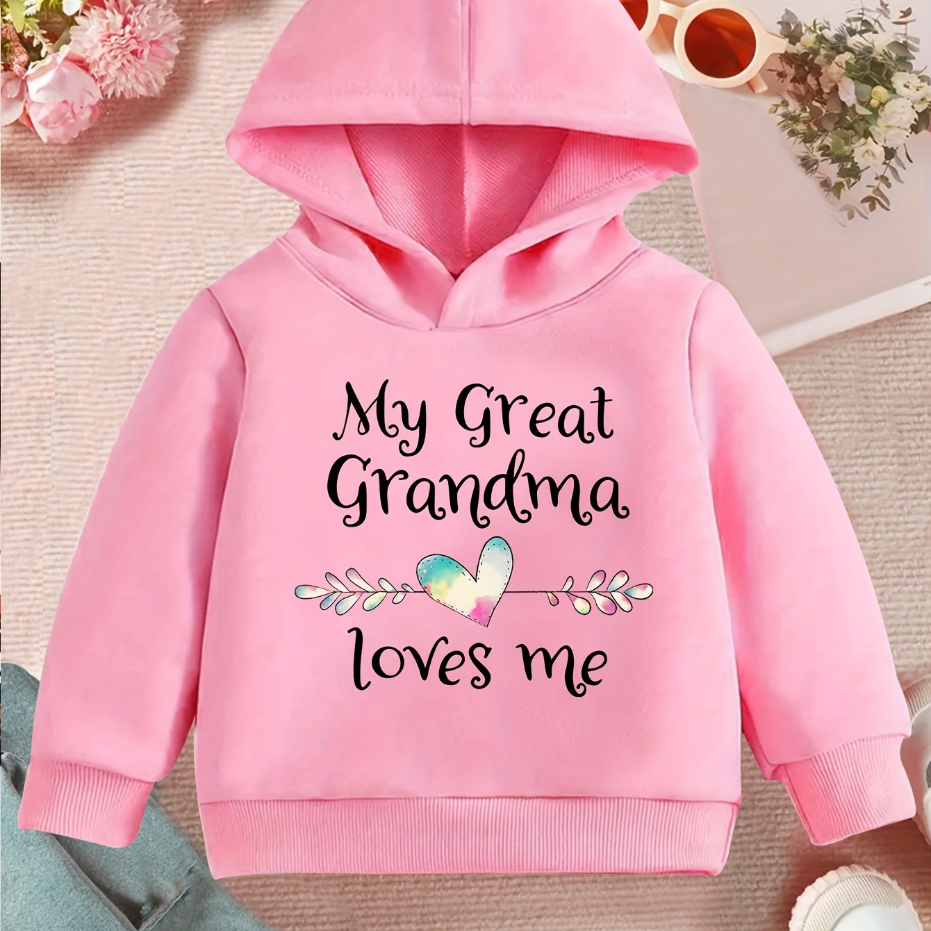 

Girls' 'my Great Grandma Loves Me' Colorful Heart Print Hoodie - Cozy & Versatile For Spring/fall, Machine Washable