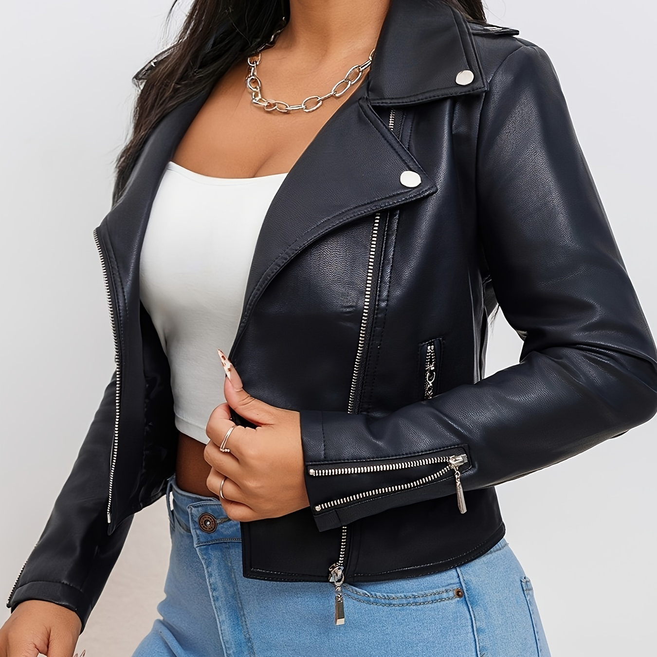 

Women's Fashion Leather Jacket 2024, Slim Fit Pu Leather Biker Jacket, Solid Color, Long Sleeve, Zipper Front, Spring/, With Pockets, Commuter Style