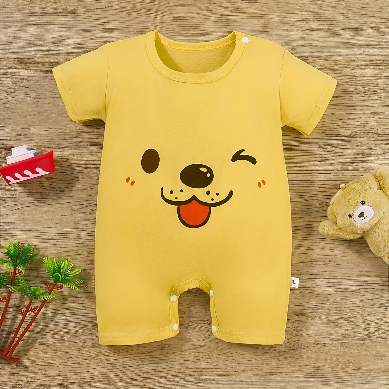 

Infant's Cartoon Wink Dog Face Print Bodysuit, Casual Short Sleeve Onesie, Baby Boy's Clothing