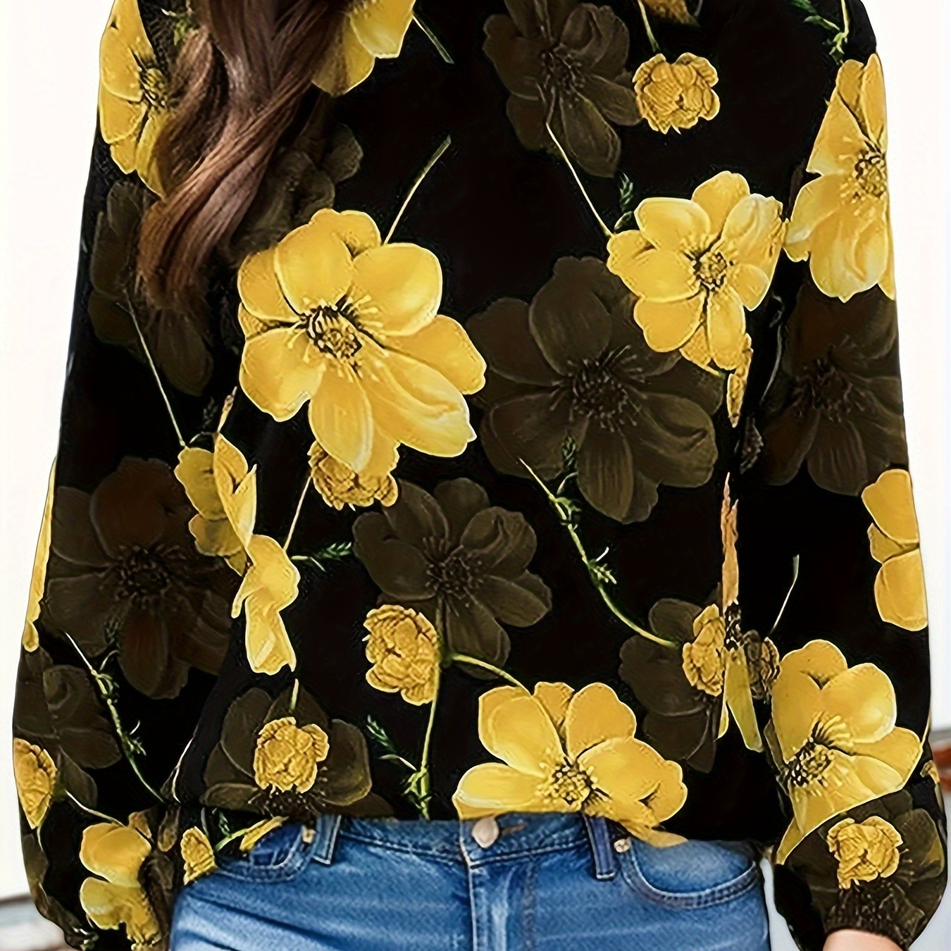

Floral Print Ruffle Trim Blouse, Elegant Long Sleeve Blouse For Spring & Fall, Women's Clothing