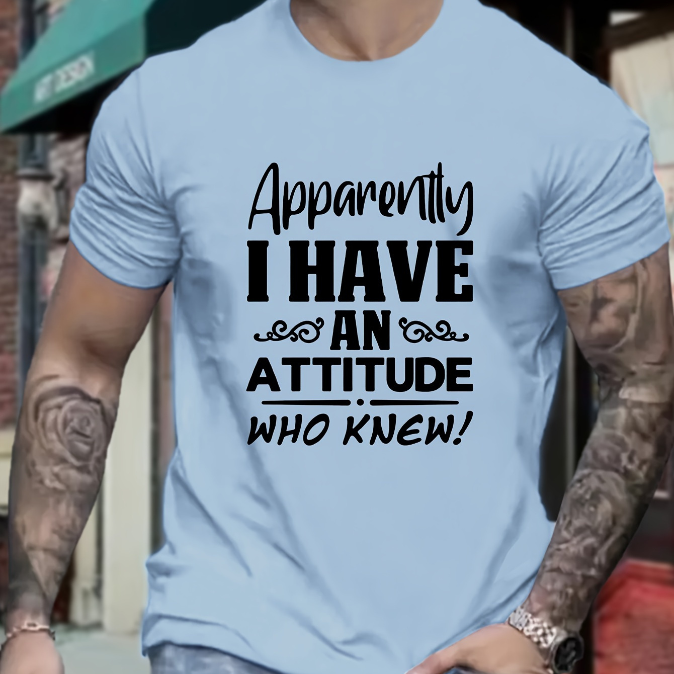 

Plus Size Men's I Have An Attitude Letter Print Short Sleeve T-shirts, Comfy Casual Elastic Crew Neck Tops For Men's Outdoor Activities