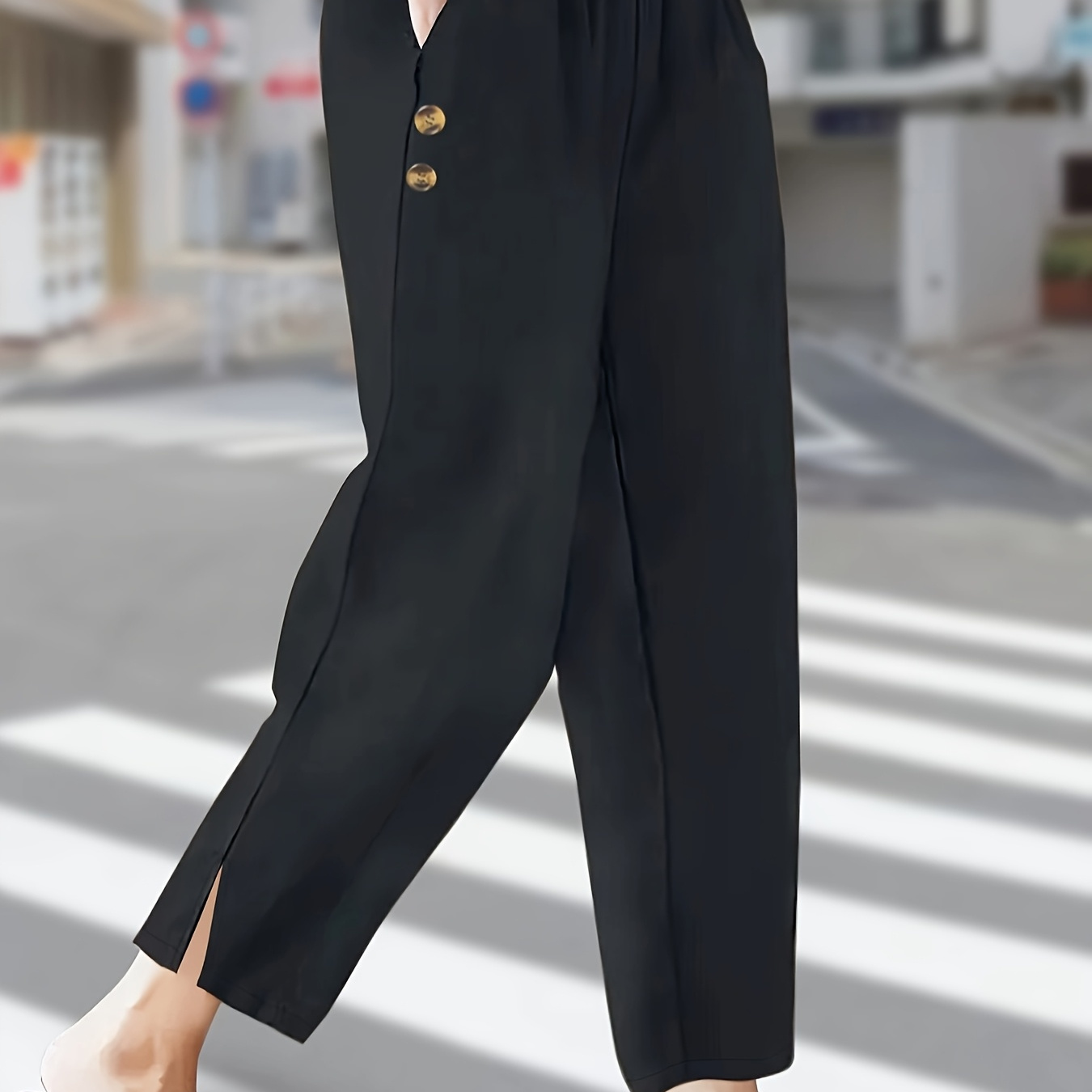 

1pc Elegant Solid Color High-waisted Wide Leg Pants For Women, Non-stretch Woven Fabric With Side Button Detail And Front Slit, Fall Season Fashion