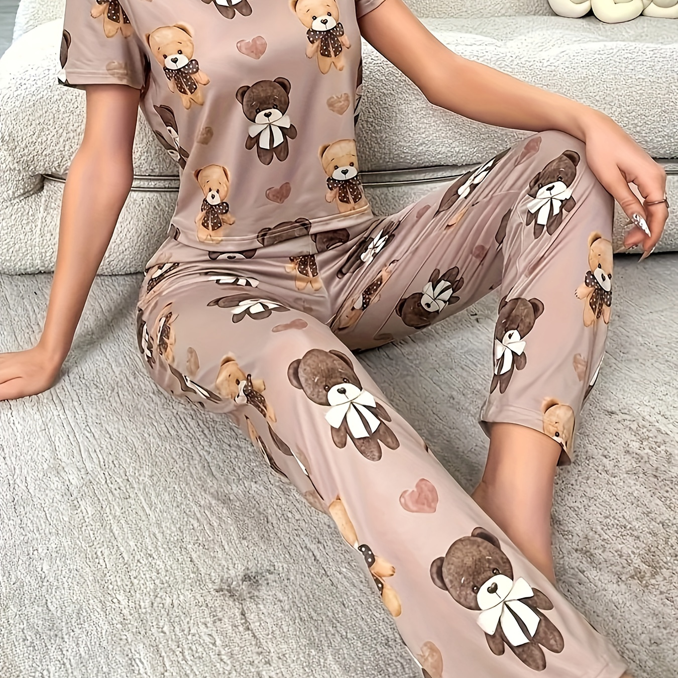 

Sleepwear Set, Round Neck Short Sleeve Top And Pants, Women's Pajamas And Loungewear