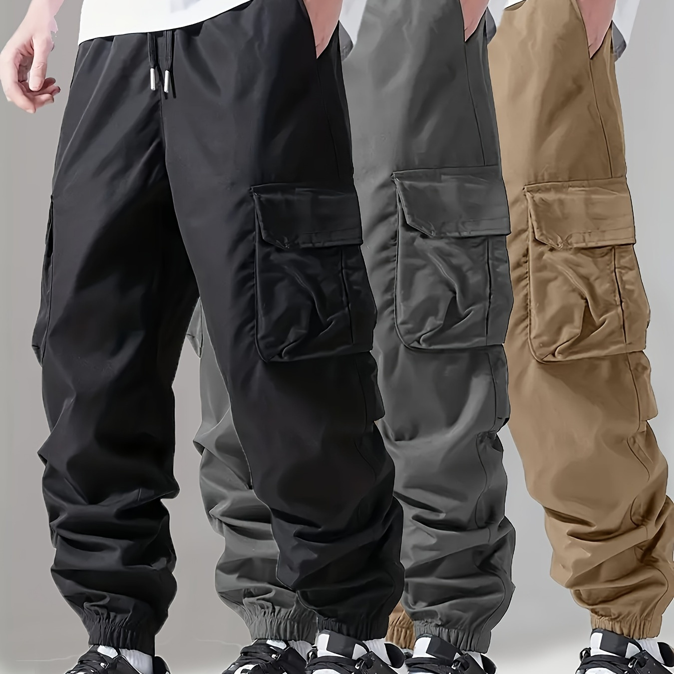 

3pcs Men's Cargo Pants With Pockets In Solid Color, Trendy Loose Fit Pants For Sports & Outdoors