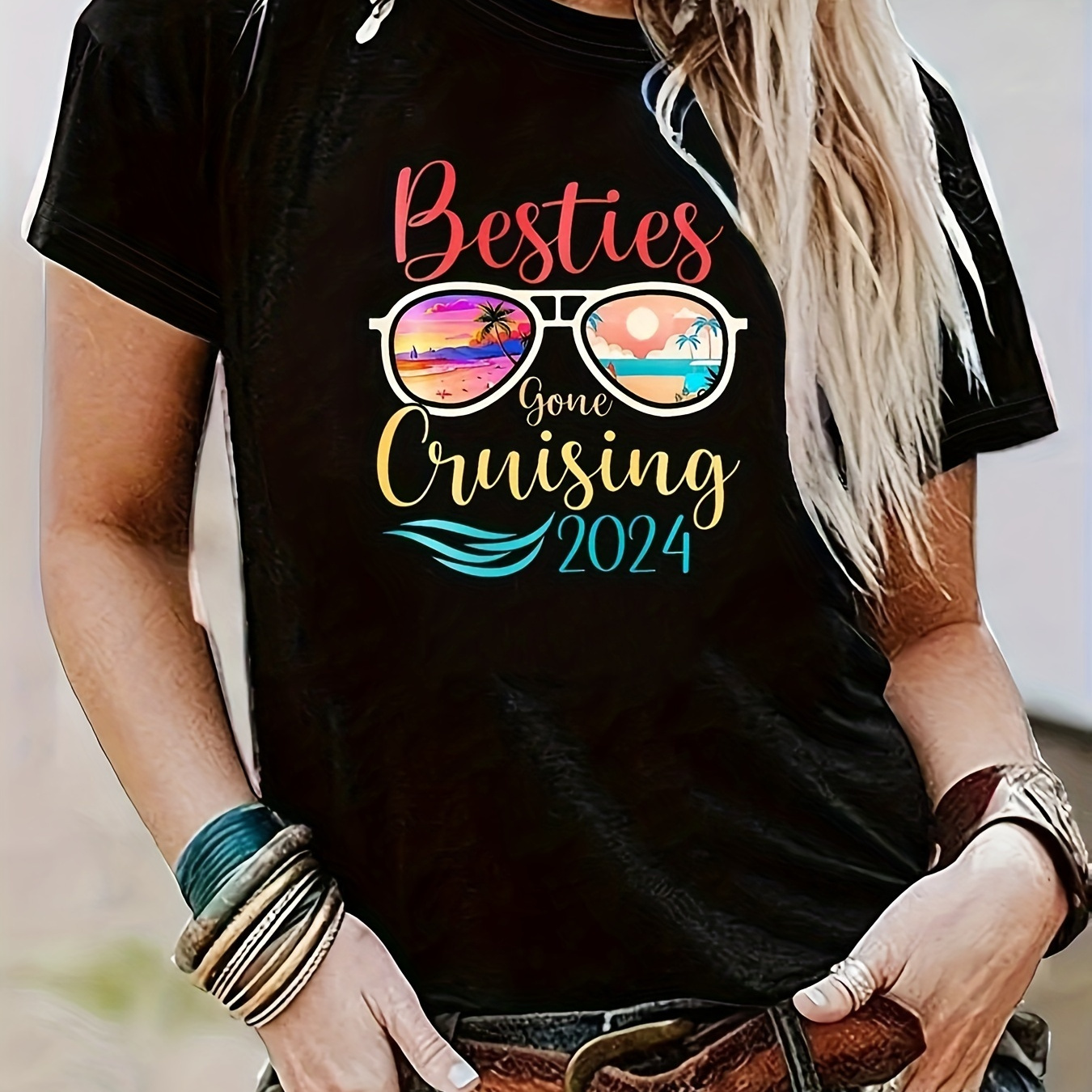 

Women's Casual Vacation-style Letter Print T-shirt - Crew Neck, Short Sleeve, Stretchy Polyester , Machine Washable