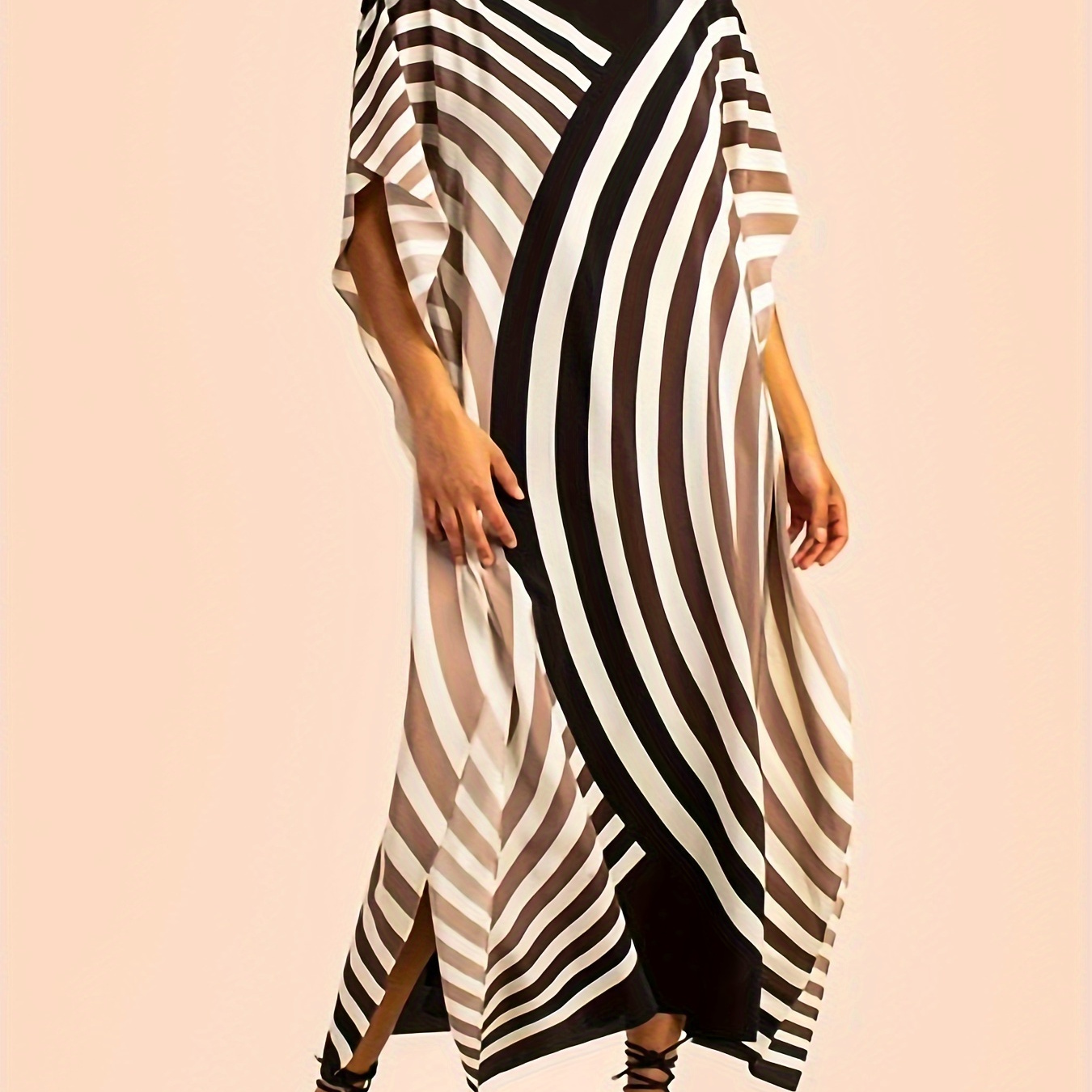 

Plus Size Stripe Print Dress, Casual Crew Neck Irregular Sleeve Slit Ankle Dress, Women's Plus Size Clothing