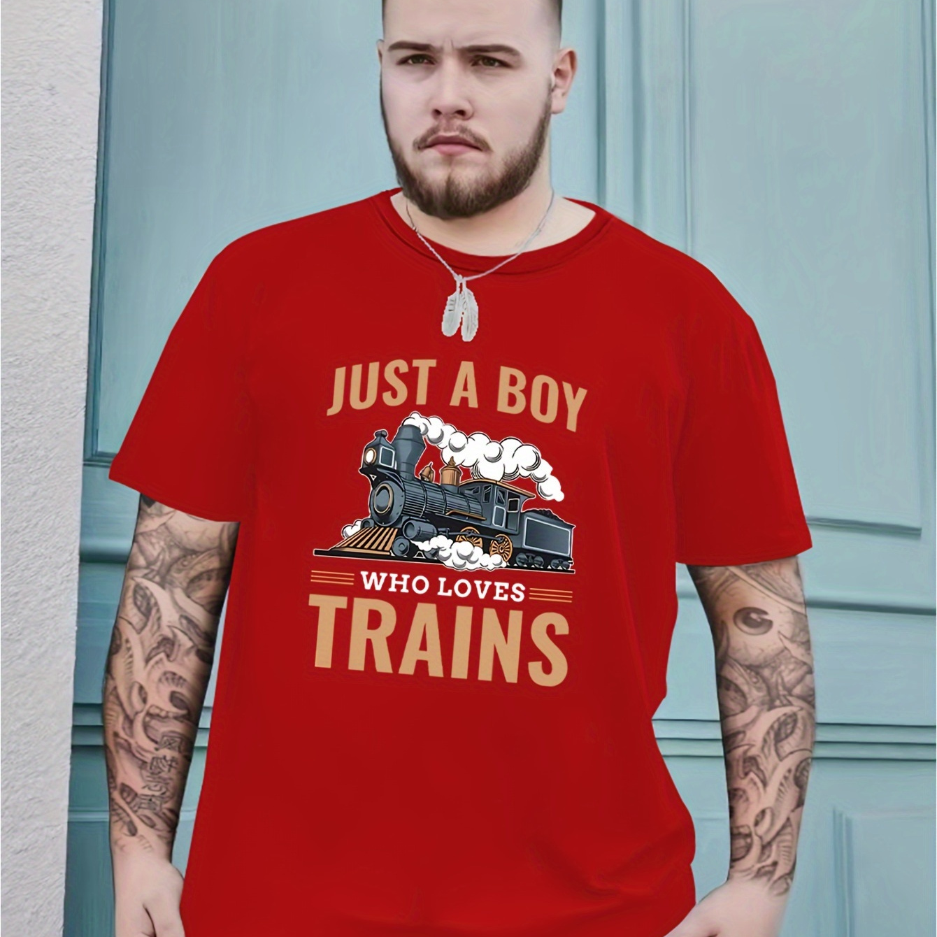 

Plus Size Men's Casual T-shirts, Train Print Graphic Round Neck Comfy Tees Top Spring Summer Clothes, Men's Clothing