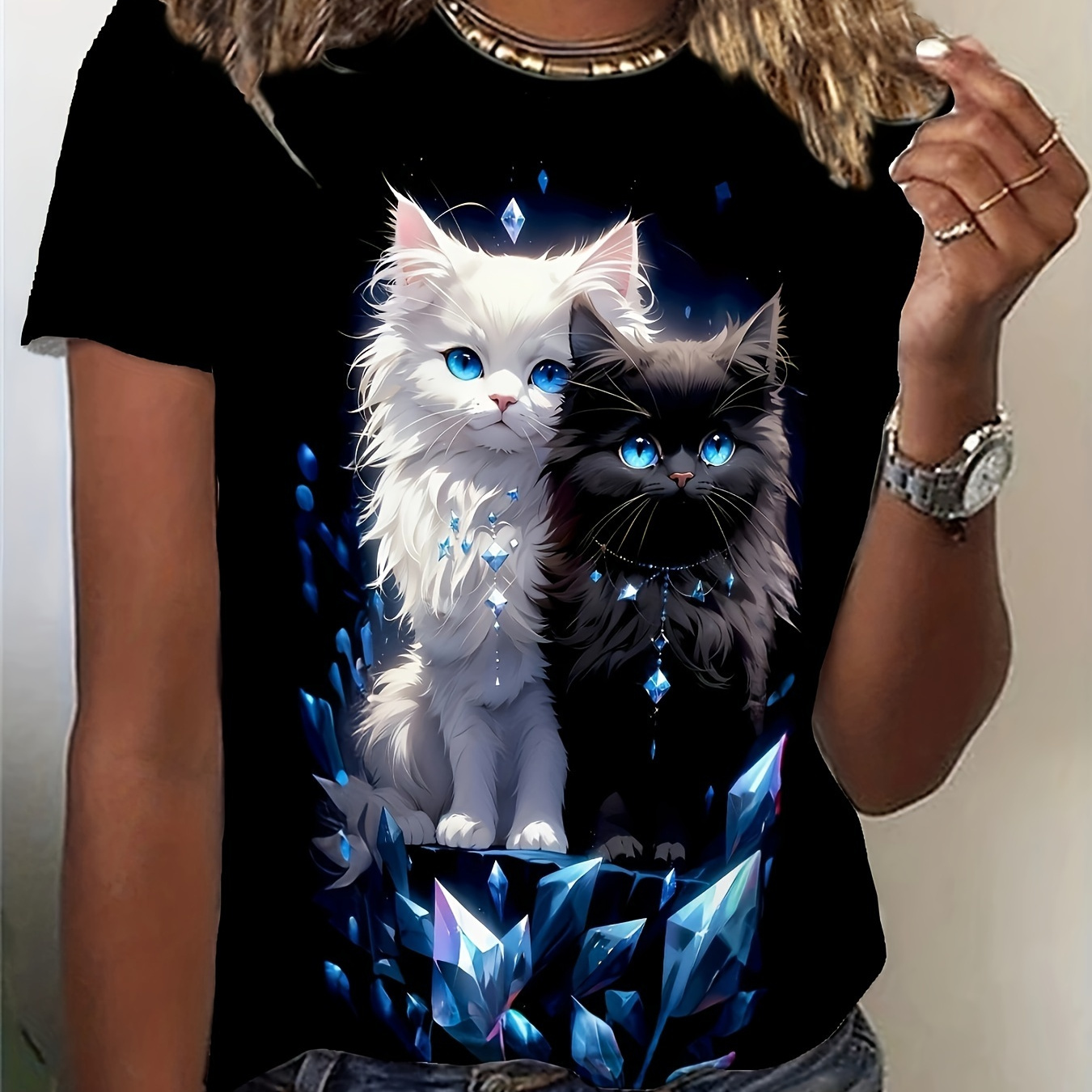 

Cats Cp Print Casual T-shirt, Crew Neck Short Sleeve Top For Spring & Summer, Women's Clothing
