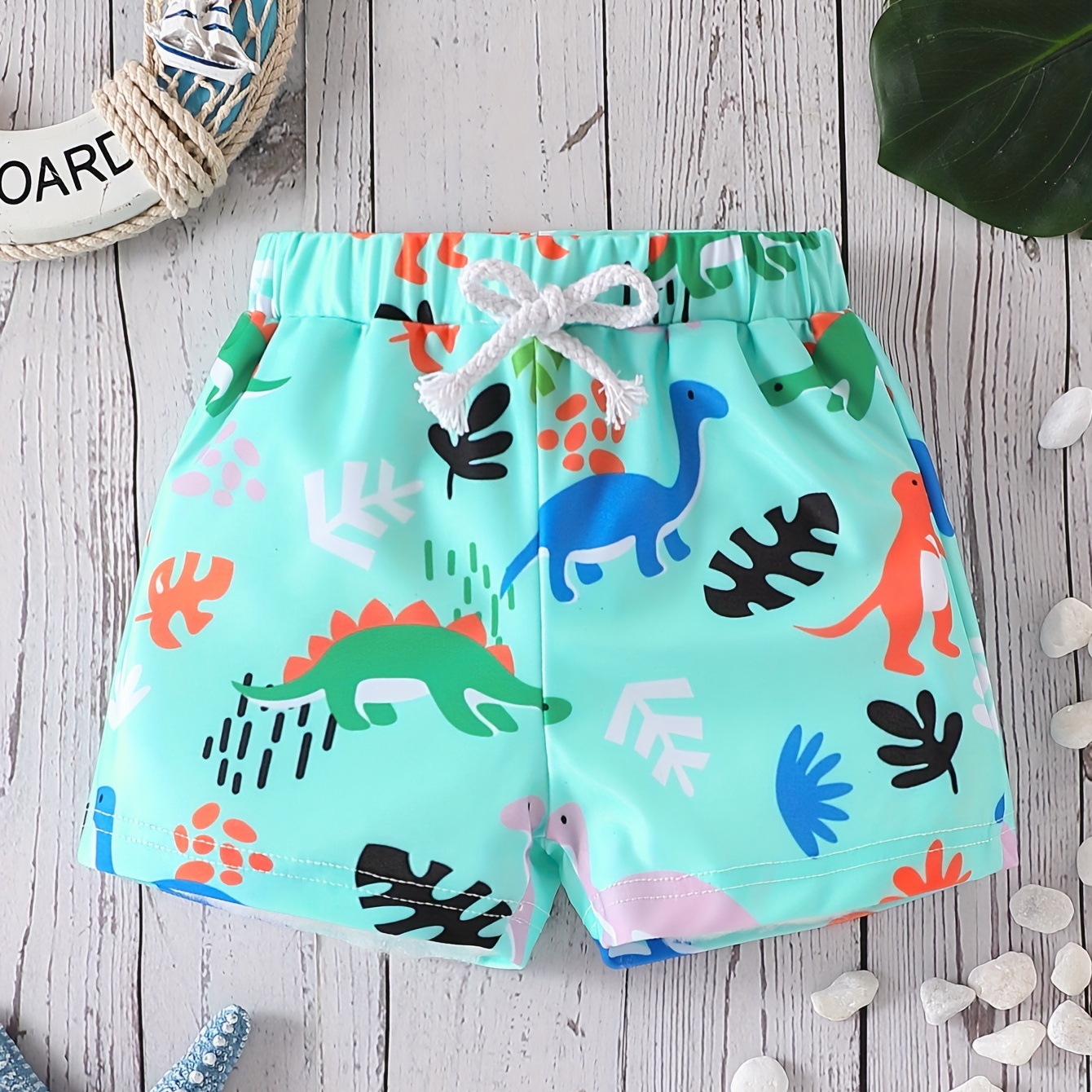

Baby Boys Swim Trunks, Vacation Style, Toddler Quick Dry Swimwear With Dinosaur Print, Drawstring Waist, Pool Beach Shorts